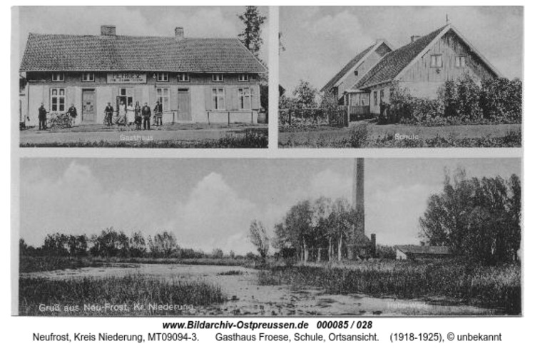 Neufrost, Gasthaus Froese, Schule, Ortsansicht