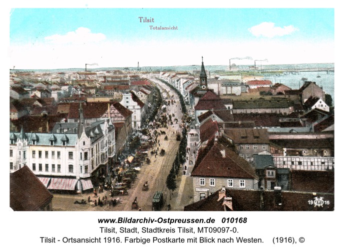 Tilsit - Ortsansicht 1916. Farbige Postkarte mit Blick nach Westen
