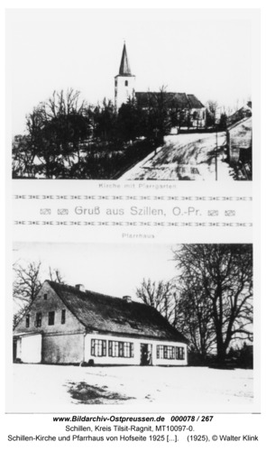 Schillen, Kirche und Pfarrhaus von Hofseite 1925 PK 2 Motive