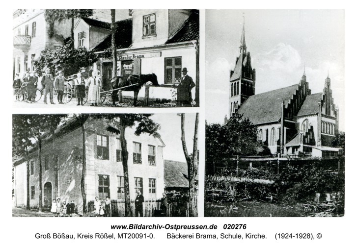 Groß Bößau, Bäckerei Brama, Schule, Kirche