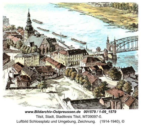 Tilsit, Luftbild Schlossplatz und Umgebung, Zeichnung