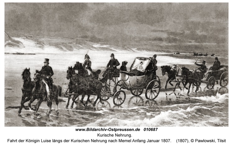 Kurische Nehrung, Fahrt der Königin Luise längs der Kurischen Nehrung nach Memel Anfang Januar 1807