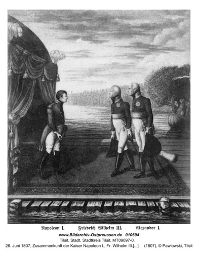 Tilsit, 26. Juni 1807, Zusammenkunft der Kaiser Napoleon I., Fr. Wilhelm III. und Alexander I. auf einem Memelfloß