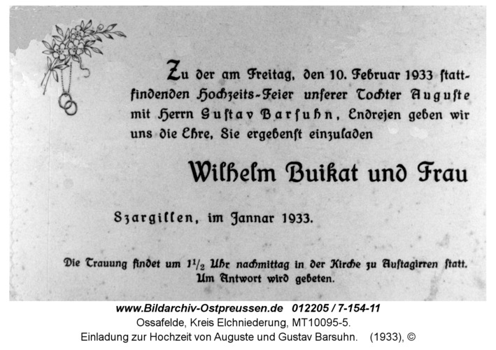Ossafelde, Einladung zur Hochzeit von Auguste und Gustav Barsuhn