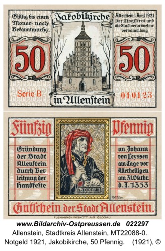 Allenstein, Notgeld 1921, Jakobikirche, 50 Pfennig