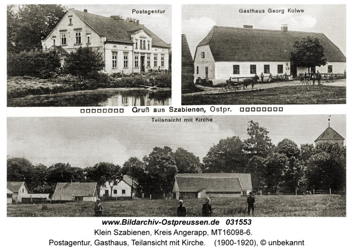 Klein Szabienen, Postagentur, Gasthaus, Teilansicht mit Kirche