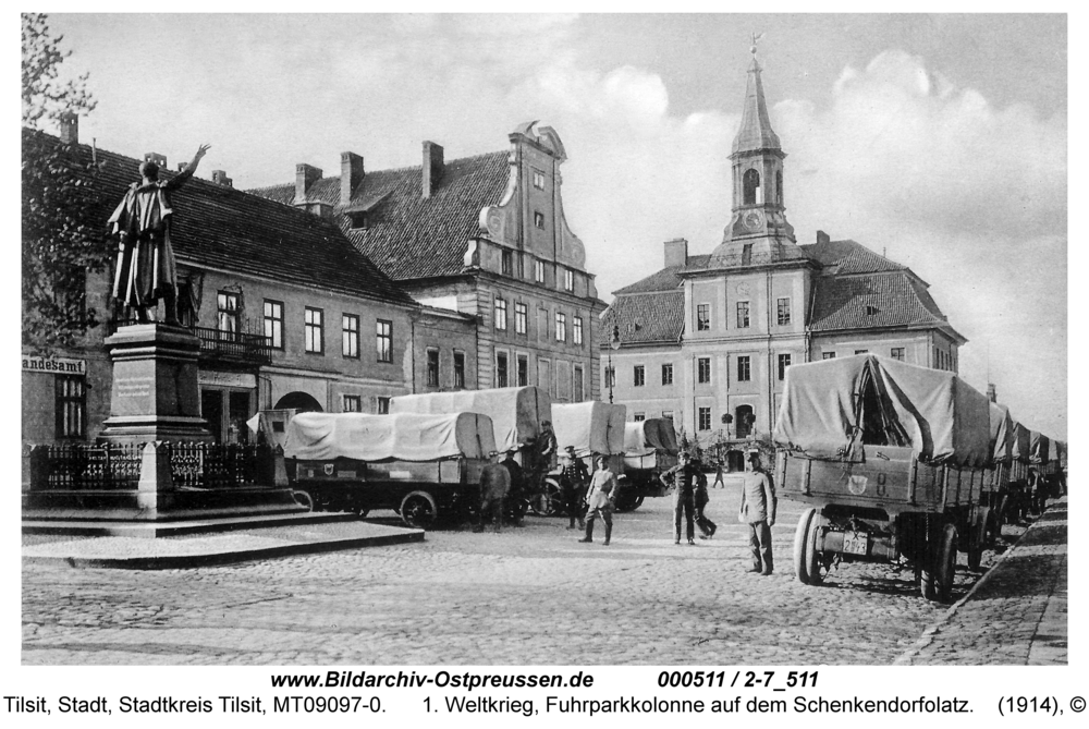 Tilsit, 1. Weltkrieg, Fuhrparkkolonne auf dem Schenkendorfplatz