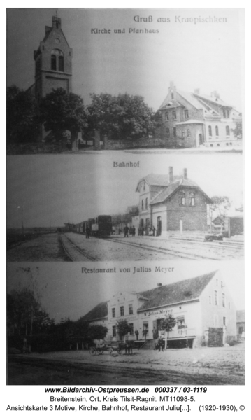 Breitenstein, Ansichtskarte 3 Motive, Kirche, Bahnhof, Restaurant Julius Meyer