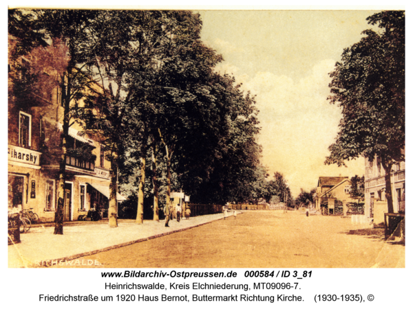 Heinrichswalde, Friedrichstraße um 1920 Haus Bernot, Buttermarkt Richtung Kirche