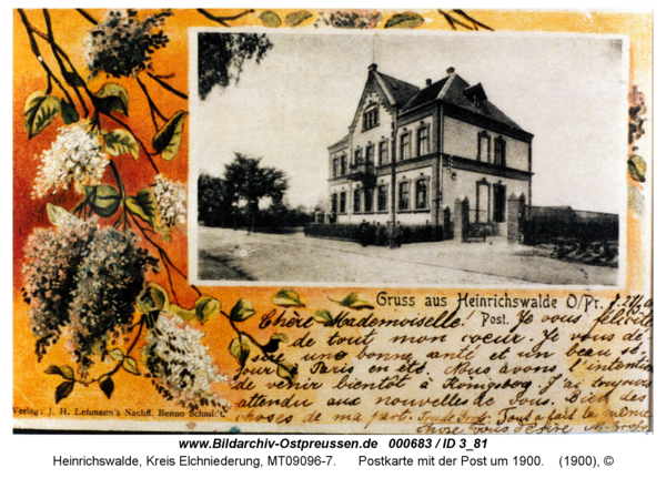 Heinrichswalde, Postkarte mit der Post um 1900