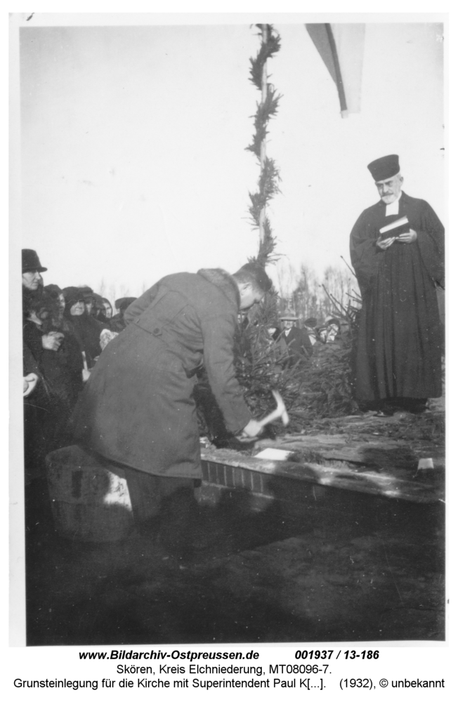 Skören 1932, Grunsteinlegung für die Kirche mit Superintendent Paul Kaschade aus Neukirch