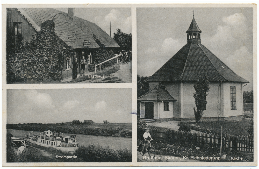 Skören, Gasthaus Rupsch, Kirche und Dampfer am Anleger an der Gilge