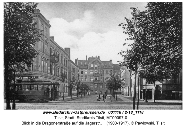 Tilsit, Blick von der Bahnhofstr. in die Dragonerstraße auf die Jägerstr.