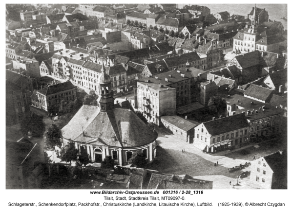 Tilsit, Schlageterstr., Schenkendorfplatz, Packhofstr., Christuskirche (Landkirche, Litauische Kirche), Luftbild