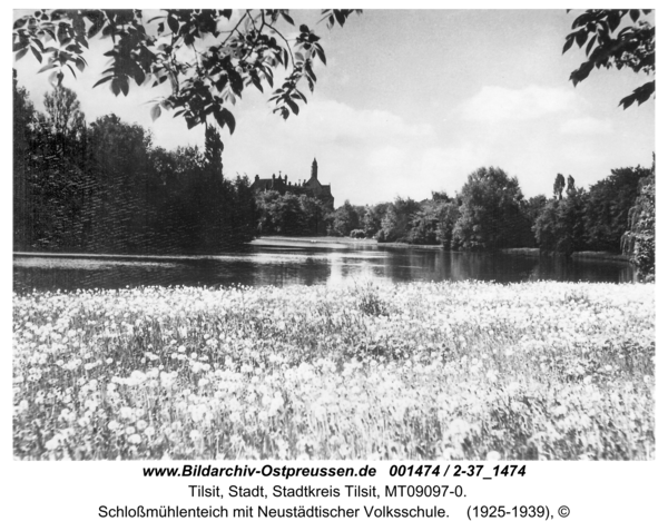 Tilsit, Schloßmühlenteich mit Neustädtischer Volksschule