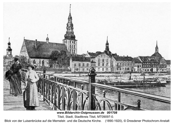 Tilsit, Blick von der Luisenbrücke auf die Memelstr. und die Deutsche Kirche