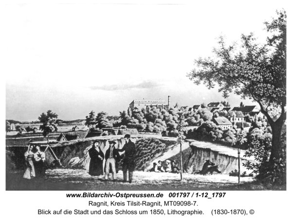 Ragnit, Blick auf die Stadt und das Schloss um 1850, Lithographie