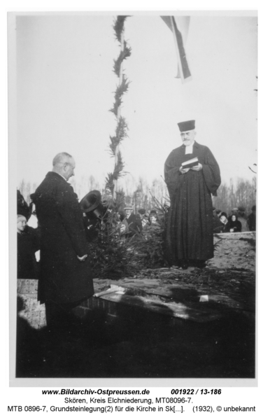 Skören, MTB 0896-7, Grundsteinlegung(2) für die Kirche in Skören 1932 durch Superintendent Kaschade (1878-1961) aus Neukirch