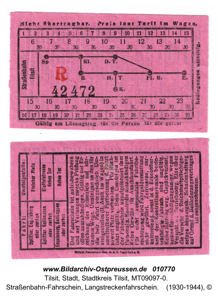 Tilsit, Straßenbahn-Fahrschein, Langstreckenfahrschein