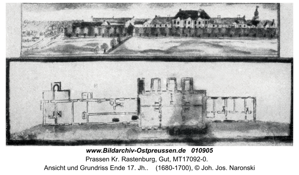 Prassen, Ansicht und Grundriss Ende 17. Jh.