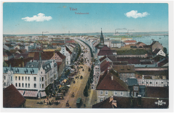 Tilsit - Ortsansicht , Farbige Postkarte mit Blick nach Westen