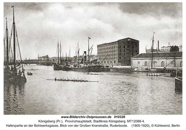 Königsberg (Pr.), Hafenpartie an der Bohlwerksgasse, Blick von der Großen Kranstraße, Ruderboote