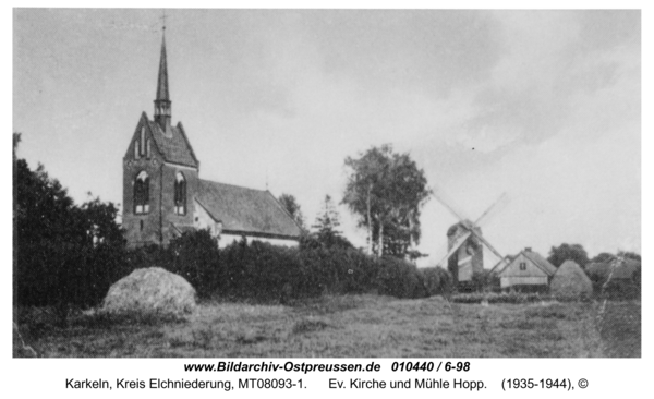 Karkeln, Ev. Kirche und Mühle Hopp