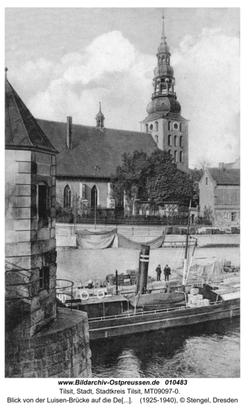 Tilsit, Blick von der Luisen-Brücke auf die Deutsche Kirche