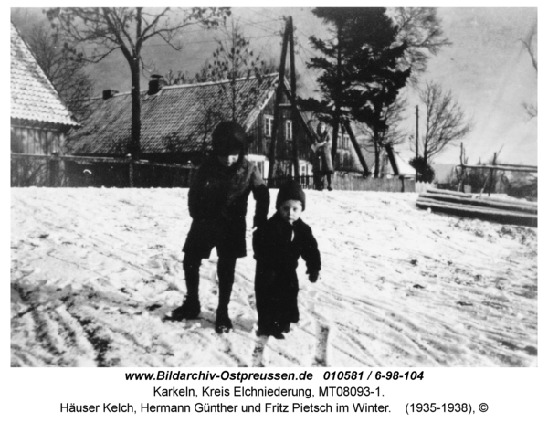 Karkeln, Häuser Kelch, Hermann Günther und Fritz Pietsch im Winter