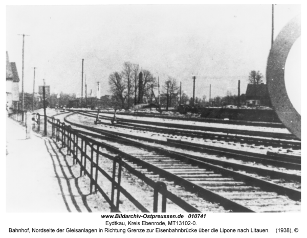 Eydtkau, Bahnhof, Nordseite der Gleisanlagen in Richtung Grenze zur Eisenbahnbrücke über die Lipone nach Litauen