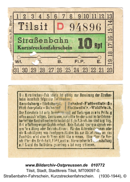 Tilsit, Straßenbahn-Fahrschein, Kurzstreckenfahrschein
