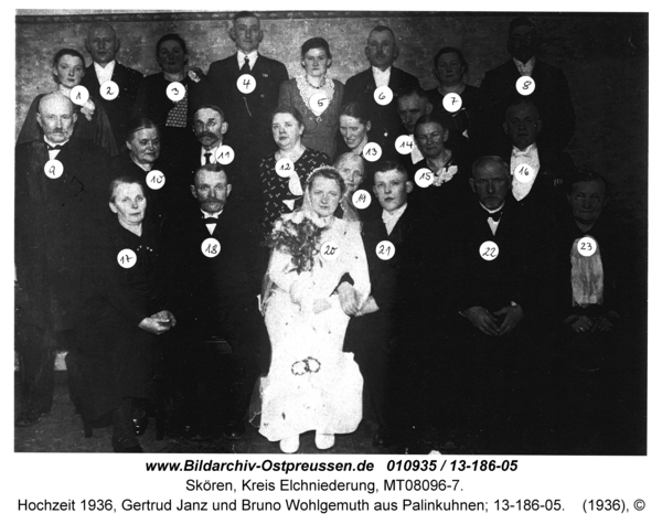 Skören, Hochzeit 1936, Gertrud Janz und Bruno Wohlgemuth aus Palinkuhnen; 13-186-05