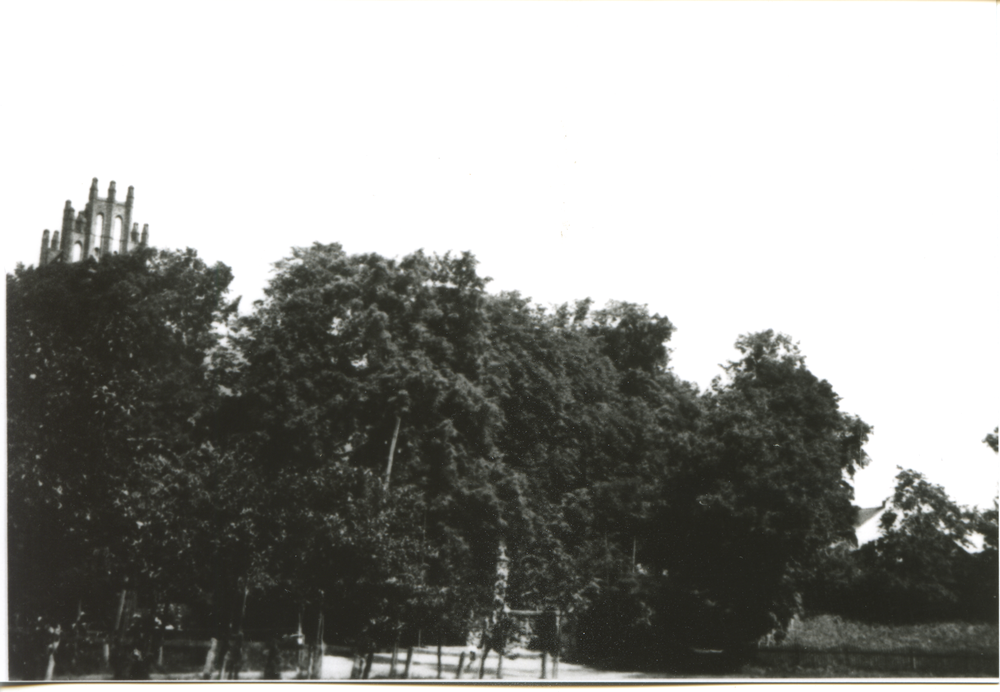 Schönbruch Kr. Bartenstein, Baumumstandener Kirchenhügel mit dem Kirchturm, Kriegerdenkmal vorn