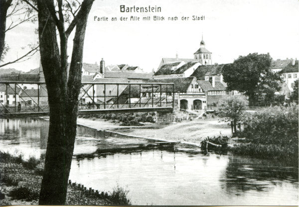 Bartenstein, Partie an der Alle mit Ortsansicht über die Fleischerbrücke