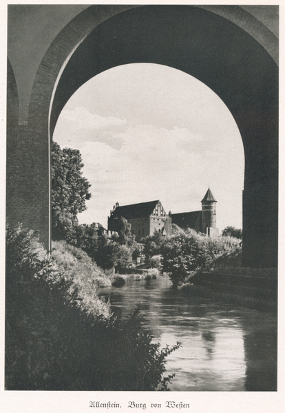 Allenstein, Eisenbahnbrücke mit Blick zum Schloß von Westen