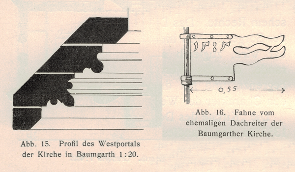 Baumgarth, Kirche, Profil Westportal, Fahne vom ehemaligen Dachreiter