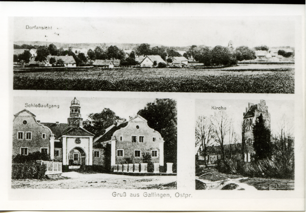 Gallingen Kr. Bartenstein, Ortsansicht, Torhaus des Schlosses, Ev. Kirche