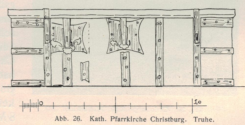 Christburg Kr. Stuhm, Ort,   Kath. Pfarrkirche, Truhe, Zeichnung