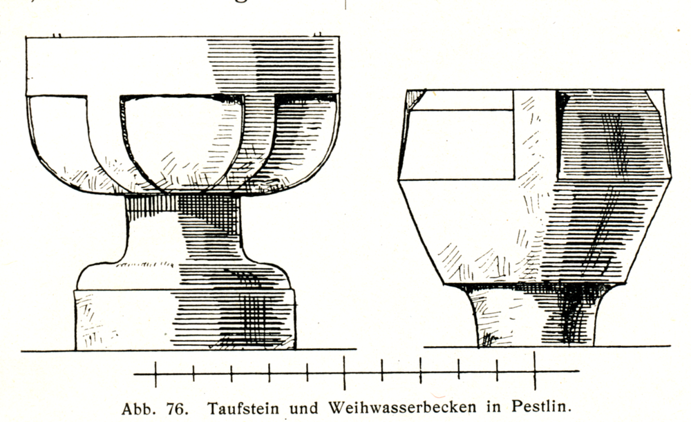 Pestlin, Kath. Kirche, Taufstein und Weihwasserbecken