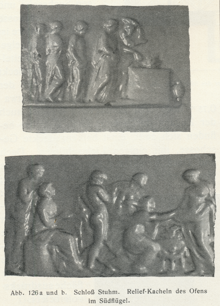 Stuhm, Stadt, Schloss, Südflügel, Relief-Kacheln des Ofens