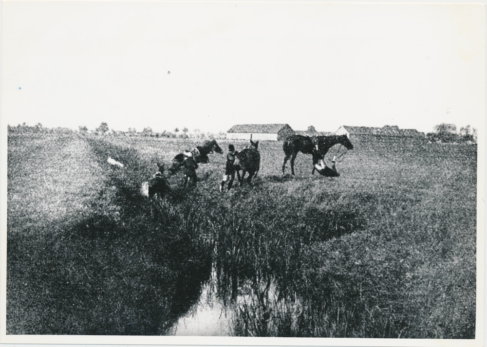 Groß Trakehnen, Reitjagd, Am Hauptgraben nach dem Passieren des Jagdfeldes