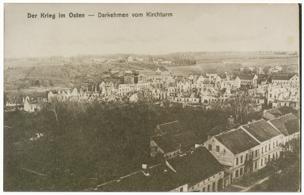 Darkehmen, Ortsansicht vom Kirchturm, Zerstörungen in der Stadt