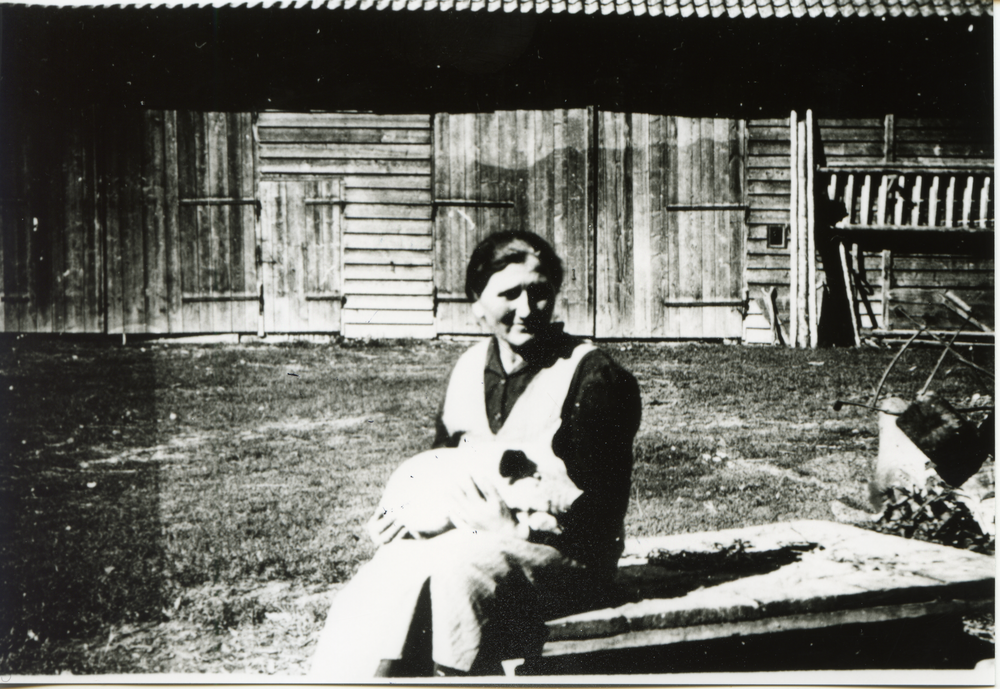 Kraftshagen, Frau des Bauern Otto Grunwald mit einem Ferkel auf dem Hof