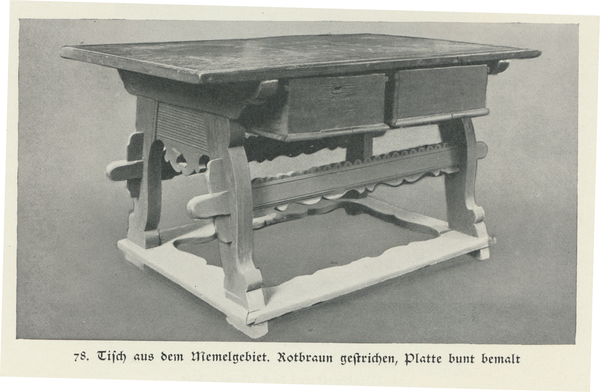 Memelgebiet, Tisch aus der Gegend, Rotbraun gestrichen, Platte bunt bemalt