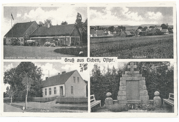 Eichen Kr. Preußisch Eylau, Potpourrikarte, Ortsansicht, Gasthaus, Schule, Denkmal