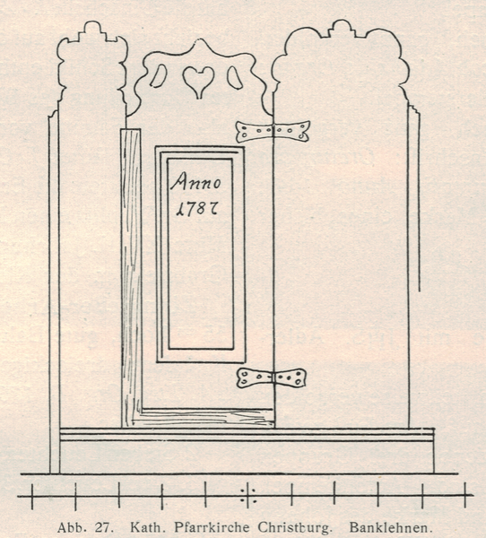 Christburg Kr. Stuhm, Ort,   Kath. Pfarrkirche, Banklehnen, Zeichnung