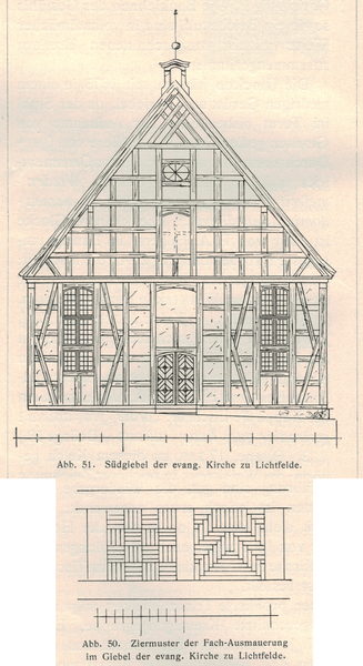 Lichtfelde, Evang. Kirche, Südgiebel und Ziermuster der Fachausmauerung