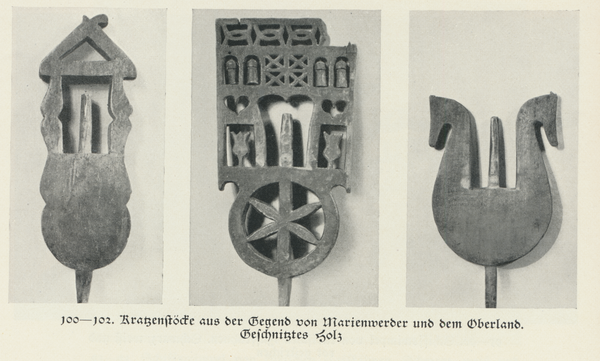 Oberland, Kratzenstöcke aus der Gegend, Geschnitztes Holz, von 1886