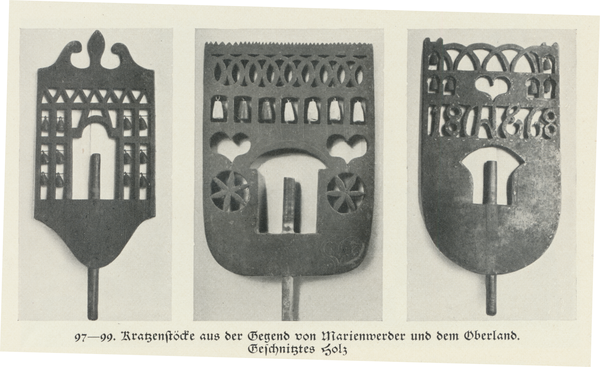 Oberland, Kratzenstöcke aus der Gegend, Geschnitztes Holz, von 1886