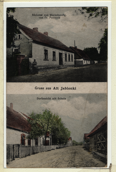 Alt Jablonken, Dorfansicht mit Schule, Bäckerei und Warenhandlung Fr. Paetzold